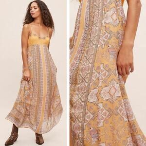 Anthropologie Calida Maxi Dress Size 4P Dark Yellow Print Festival Boho Vacation